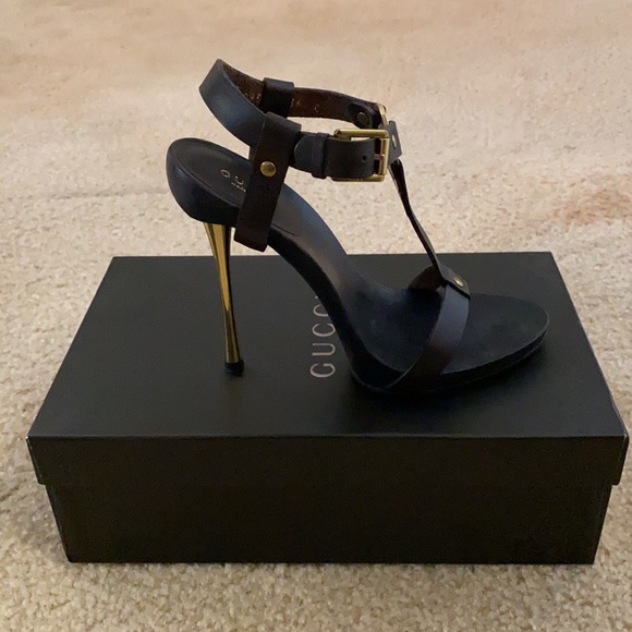 Gucci Shoes - VINTAGE NEW GUCCI BNIB “KYLIE” DK BROWN LEATHER STILETTOS w/GOLD HEELS SZ 36 (6)
